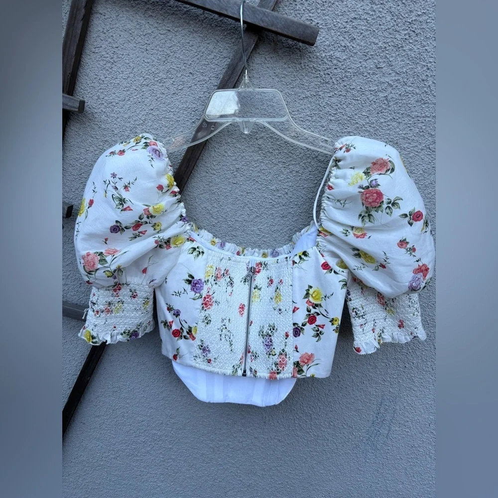 Alice + Olivia Audie Floral Puff-Sleeve Corset Top